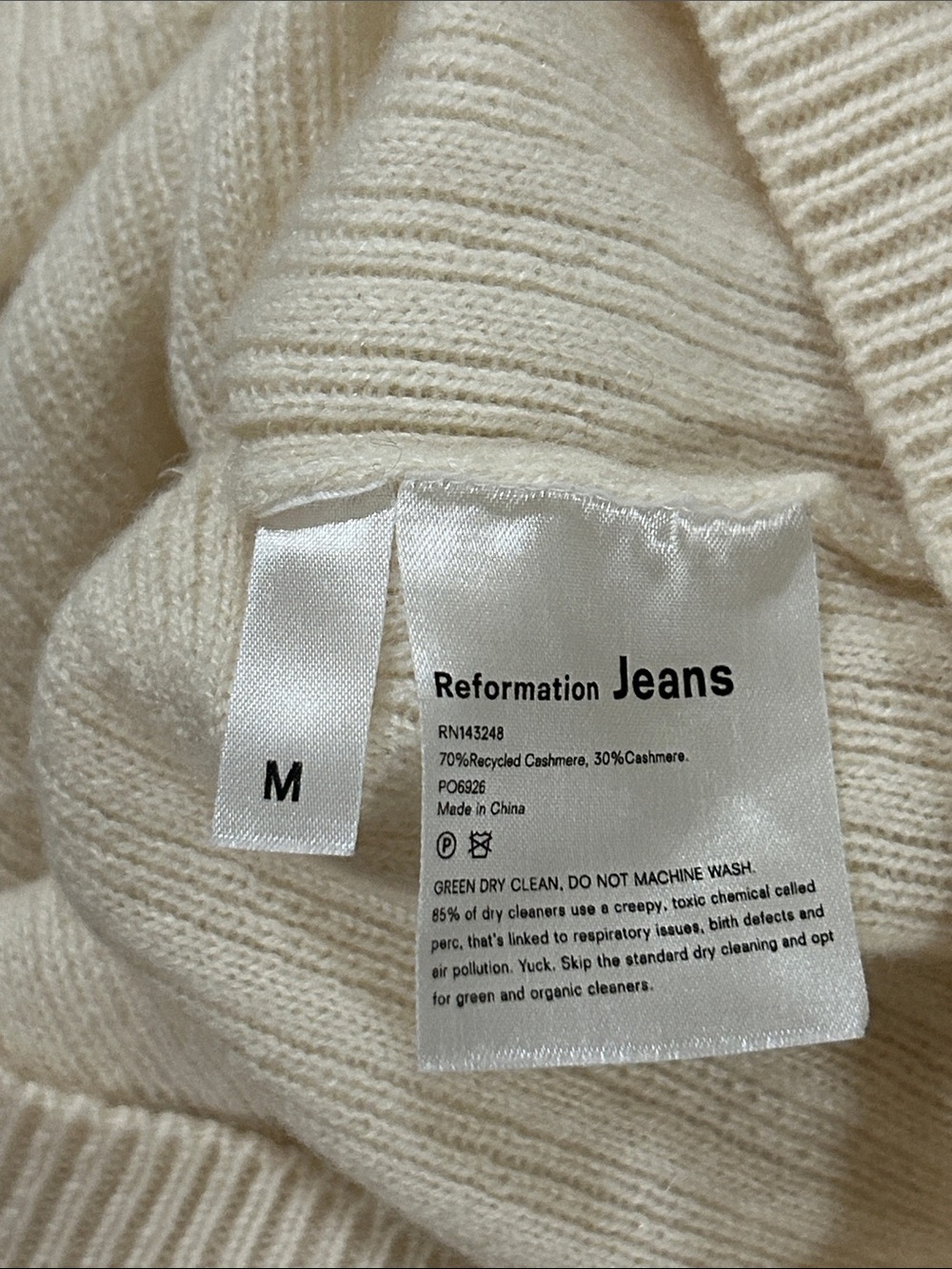 Reformation jeans off White Ribbed cashmere Crewneck thin Sweater MED - Picture 10 of 11